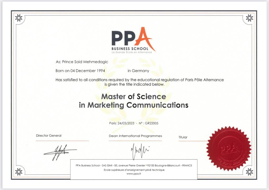 Urkunde Master of Science in Marketing and Communication verliehen von der Polé Paris Alternance Business School